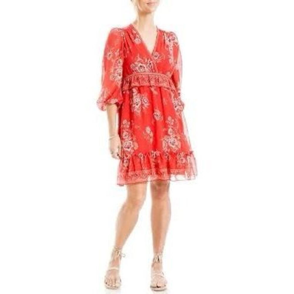 Max Studio Women's S Half Sleeve Chiffon Mini Dress Orange Floral Flowy Boho New